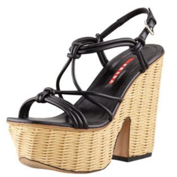 Prada Knotted Leather Wicker Platform Wedge Heels - Picture 1 of 14